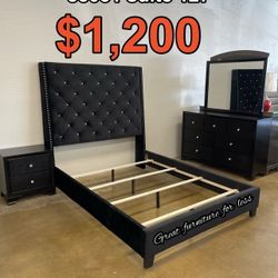 4 PCs Queen Size Bedroom   Set Black Include Bed Frame Dresser Mirror And 1 Nigthstand Brand New