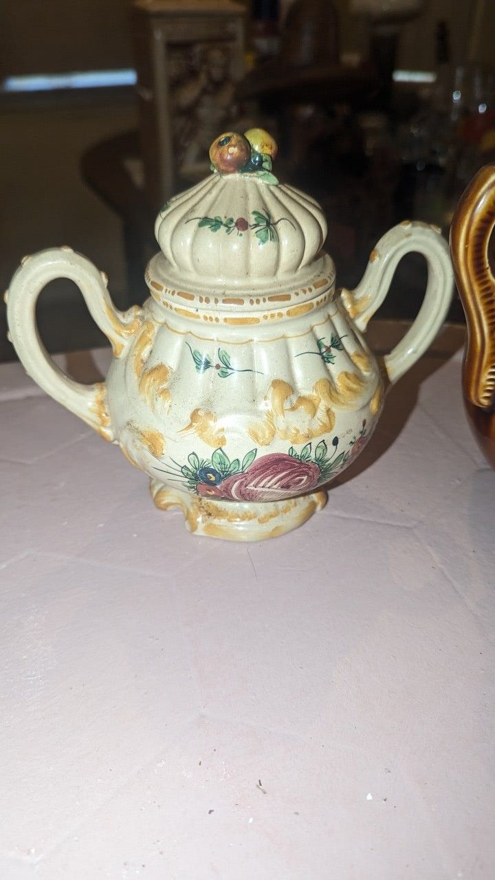 Vintage Mid Century Majolica Tea Pot Rose Floral Italy Capodimonte