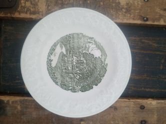 White Ceramic Plate with Green Transferware Scene