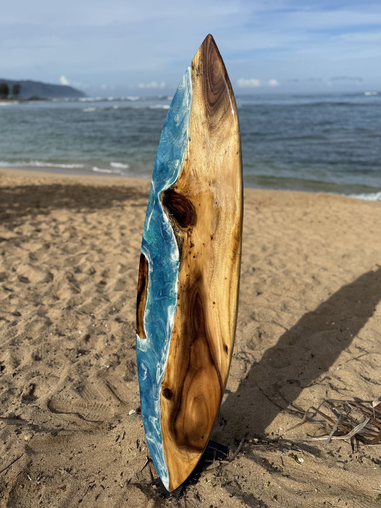 Surfboard art 61 inch, Hawaiian Monkeypod and Epoxy ocean scene