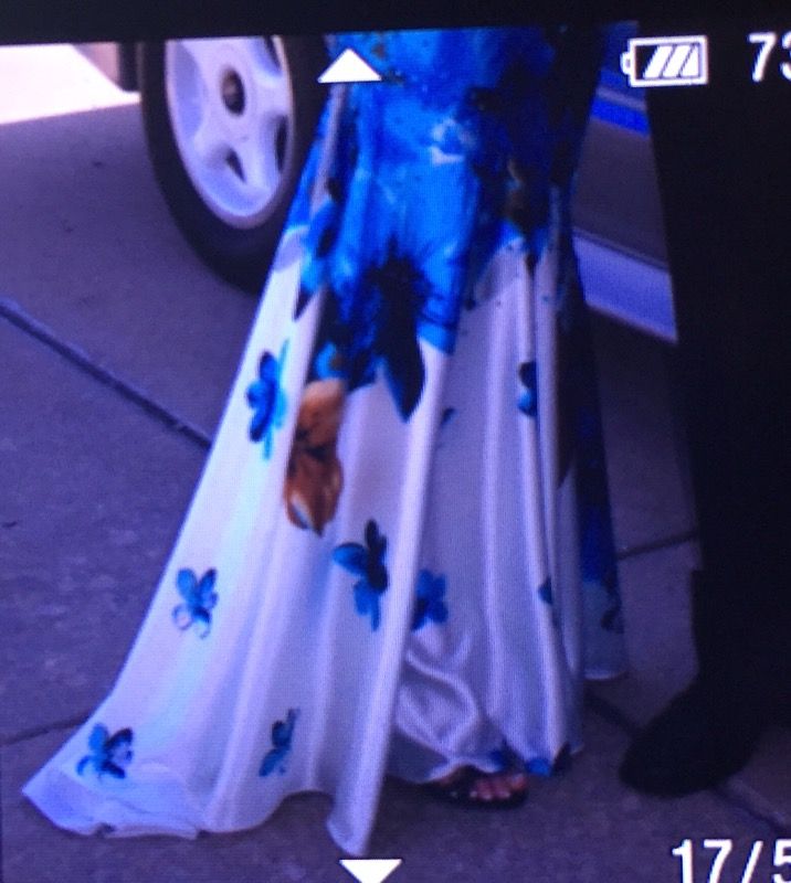 White print strapless prom dress