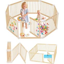 25" Tall Wood Playard Dual-Lock Door for Toddlers, 2-in-1 New Mom Helper Infants Fence, Adjustable Size Shape Large Play Yard