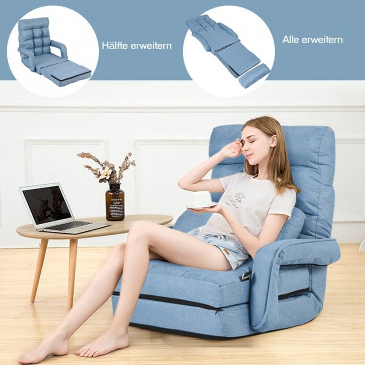 Folding Lazy Floor Chair Sofa With Armrests And Pillow-Blue