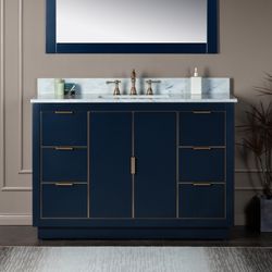 Venice-4821-NB-G+TOP   Venice 48"x21"x33" Solid Wood Bath Vanities Side Cabinet in Navy Blue and Gold Trim and Carrara Marble Vanity Top Cabinet with 