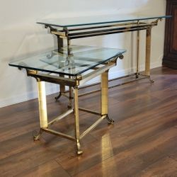 Vintage Brass Glass Top Console Table And Matching End Table 