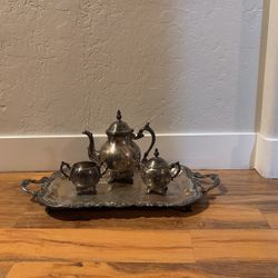 Vintage Style Silver Tea Service Set with Ornate Tray