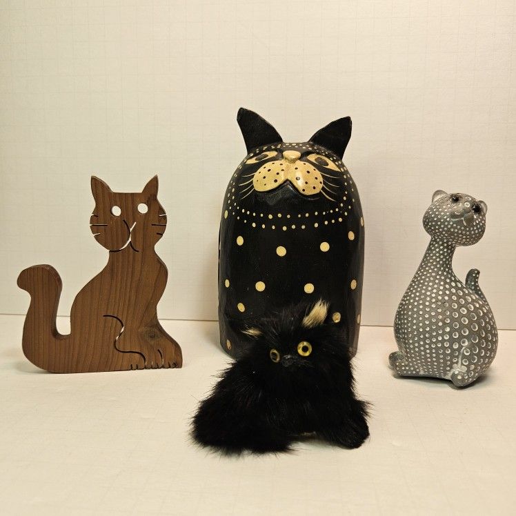 Lot of 4 Assorted Cat Figurines 2 Wood 1 Resin 1 Realistic Looking Black Fur