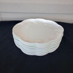 Vintage Milk Glass Snack Plates ~ Grapes and Leaves Design ~ Set of 8 ~