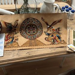 Calendario Azteca Guerrero Aguila 16” X30” De Cuero,zodiaco Maya 10” X10” Y Album Para Fotos Hecho A Mano Riviera Maya