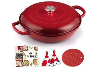 Overmont Enameled Cast Iron Dutch Oven - 3.8 Quart braiser pan red
