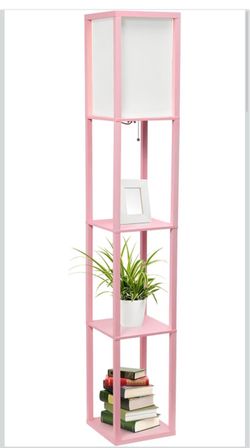 Simple Designs LF1014-LPK Etagere Organizer Storage Shelf Linen Shade Floor Lamp, Light Pink