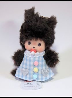 Viral “Punch” Monkey Monchhichi Bebichhichi Plush Doll in Blue Gingham Dress