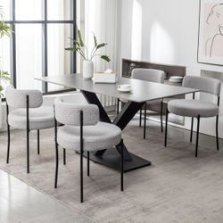 Boucle Dining Chairs Set of 4, Upholstered Dining Room Chairs with Black Metal Legs, Round Modern Dining Chair for Dining Room, Kitchen (Light Grey)