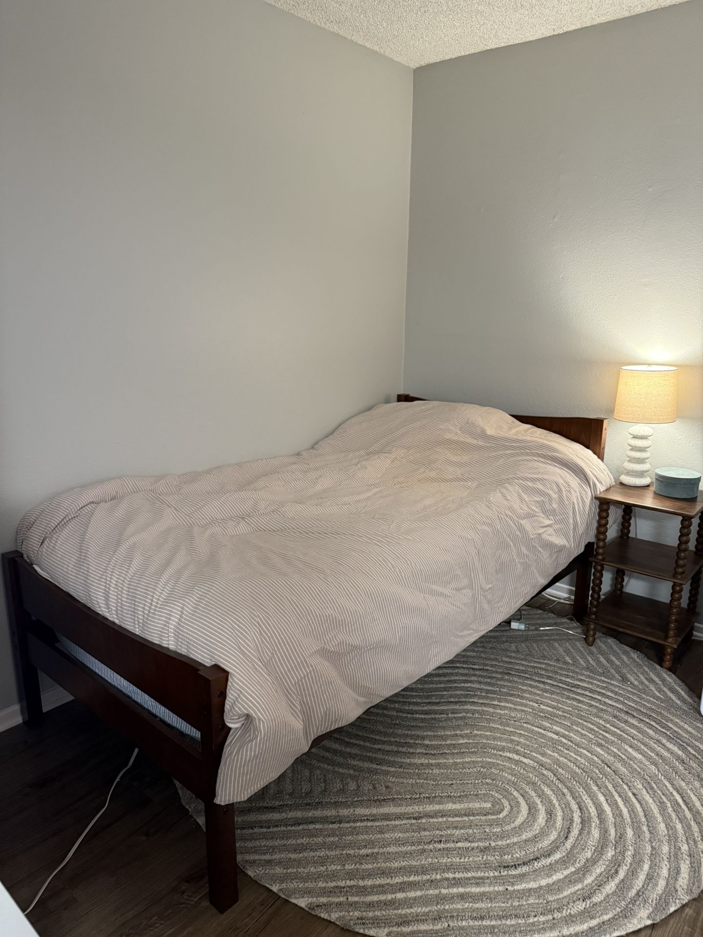 FREE - Walnut Wood Twin Sized Bed Frame & Hybrid Mattress - Barely Used