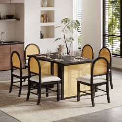 Tatra 7-Piece 60" Farmhouse Dining Table Set with Rattan Back Chairs