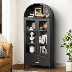 Holiwei Metal Storage Cabinet, 73" Arched Kitchen Pantry Organizer with 2 Drawers & 2 Adjustable Shelves, Freestanding Display Cabinet for Living Room