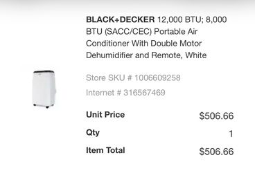BLACK+DECKER 12,000 BTU; 8,000 BTU (SACC/CEC) Portable Air Conditioner With Double Motor Dehumidifier and Remote, White