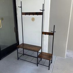 New In Box 40x13x71Inch Tall Metal And Wood Garment Stand Coat Clothes Shoe Rack Hanger With Shelf Organizer Rustic Brown