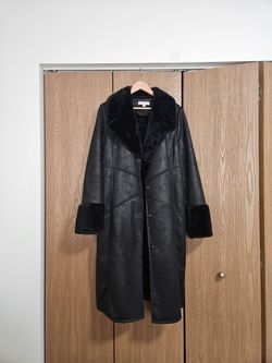 Via Spiga Women's Black Faux Leather Shearling Long Faux Fur Trim Coat L