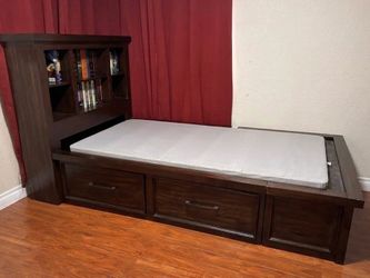 Twin Size Storage Bed Frame with Bookcase Headboard - Dark Wood