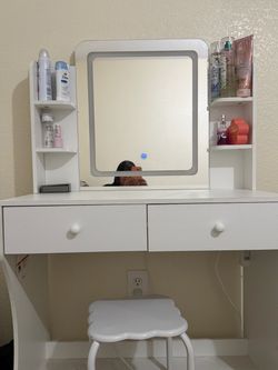 White Vanity Desk with LED Mirror and Stool