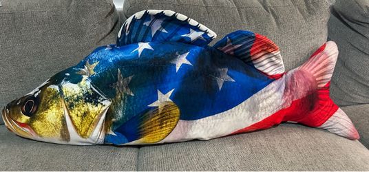 (NEW) American Flag Bass Fish Stuffed Pillow