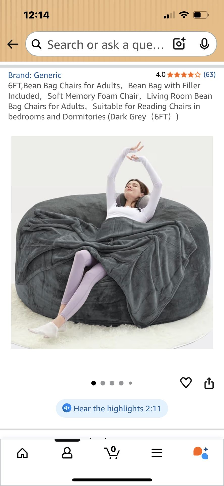 Oversize beanbag chair, 60 inches