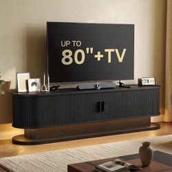 ONBRILL 70" TV Stand up to 80 Inch, Entertainment Center with LED Lights and Storage, Mid Century Modern Fluted TV Console with Power Outlet, Media Co