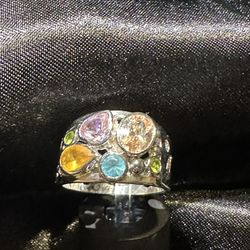 Multicolored/multi-shaped Stones Set In Silver Tone Ring Fashion Jewelry SZ 10