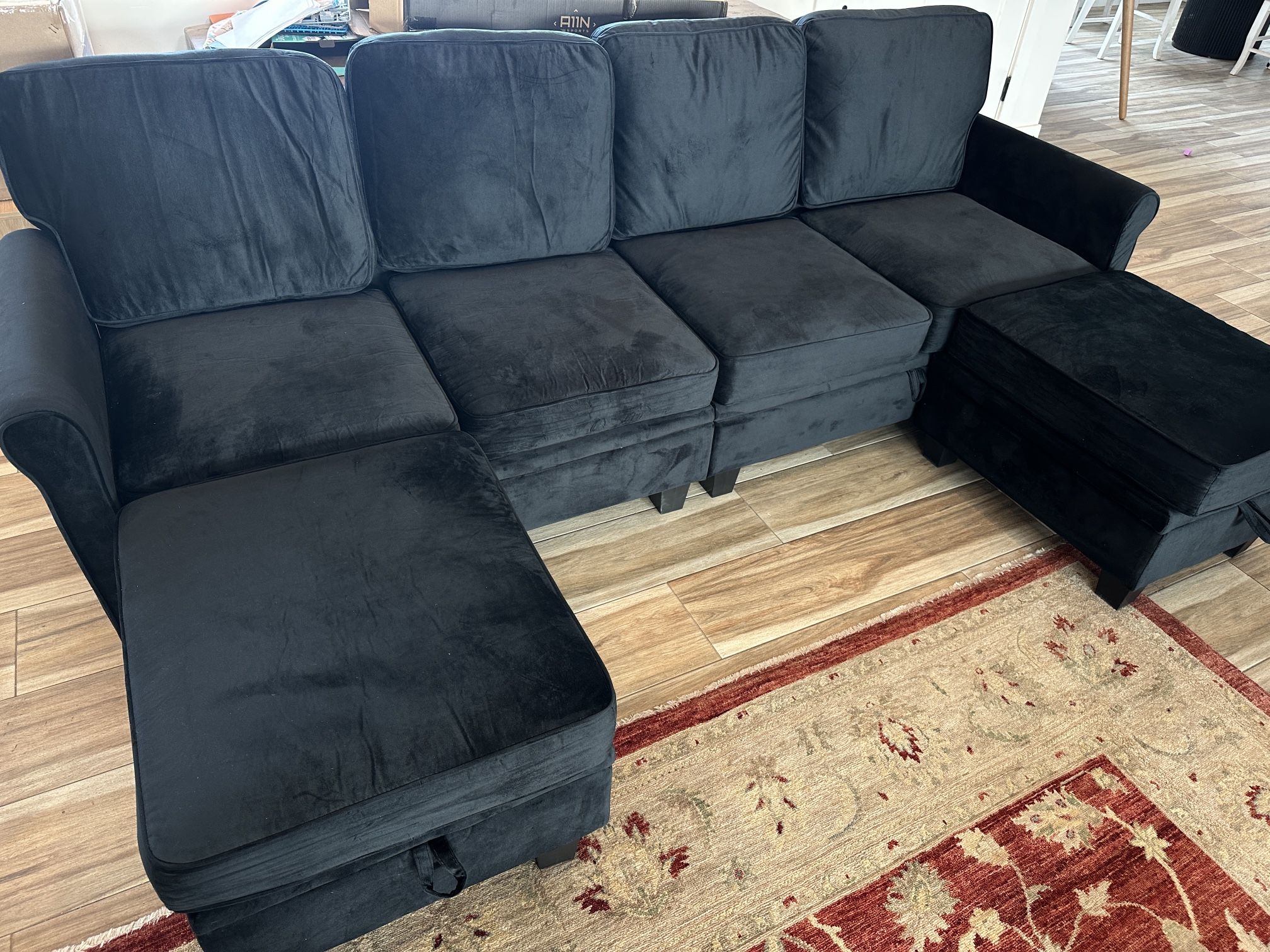 HONBAY 6 Piece Velvet Sectional Couch With Storage Seat in Black
