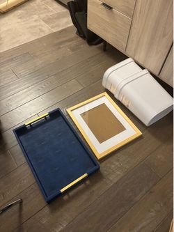 Trash cans, blue tray, frame