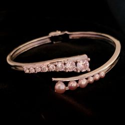 Pink Freshwater Pearl and Simulated Diamond Bangle Bracelet in Stainless Steel