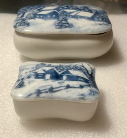 Artist-Signed Hand-Painted Blue & White Vintage Ceramic Dishes Winter Cottage Scenery 