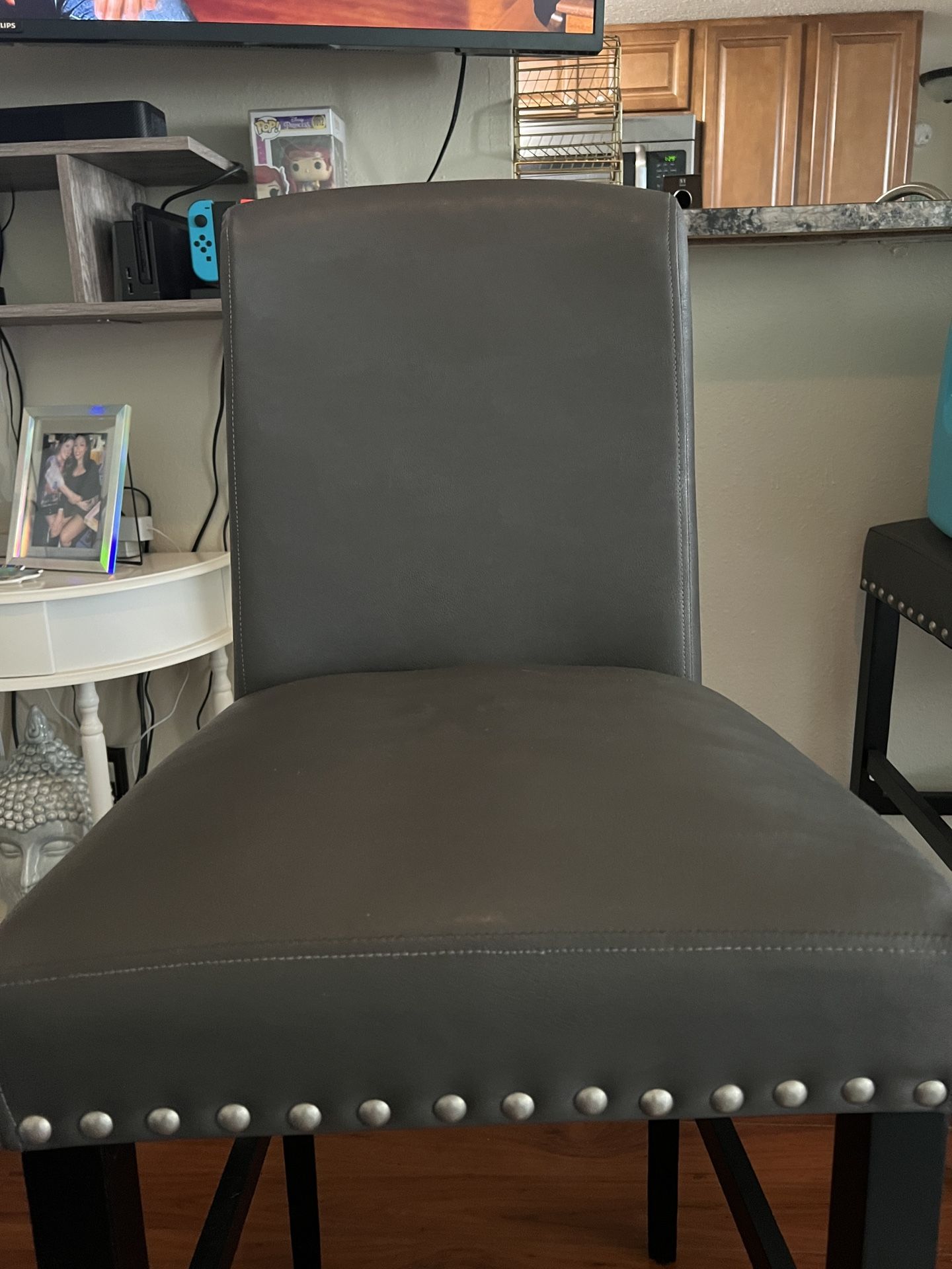 Set Of Three Gray Studded Bar Stools