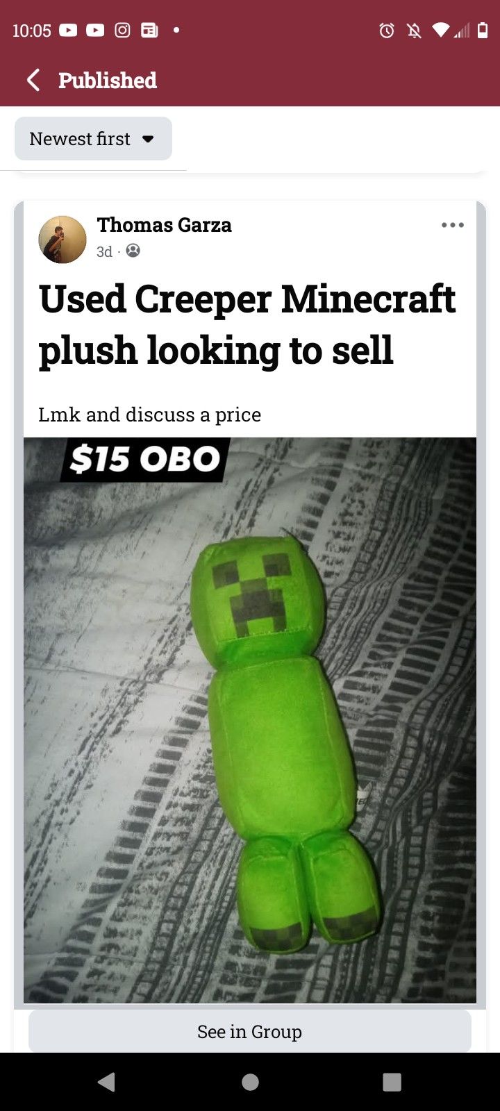 Used Creeper Minecraft Plush Looking To Sell