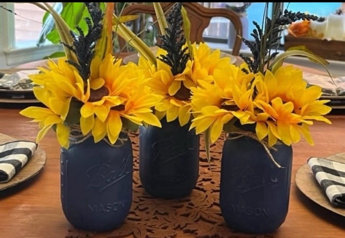 Chalk painted NAVY mason jar gift summer - SUNFLOWERS