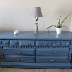 Refurbished Blue Teal 6 Drawer 64” Dresser Solid Wood  With New Silver Pull Handles & Electric With USB 