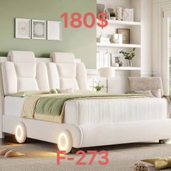 Full Led Car Bed Frame with Wheels Decor & Adjustable Curved Headboard Modern Upholstered Platform Bed with Detachable Pillows Solid Wooden Slats Supp