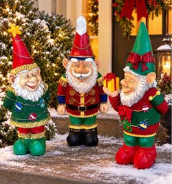 Christmas Gnomes Elves Set of 3 Light Up LED 24” Tall Holiday Decorations Figurines