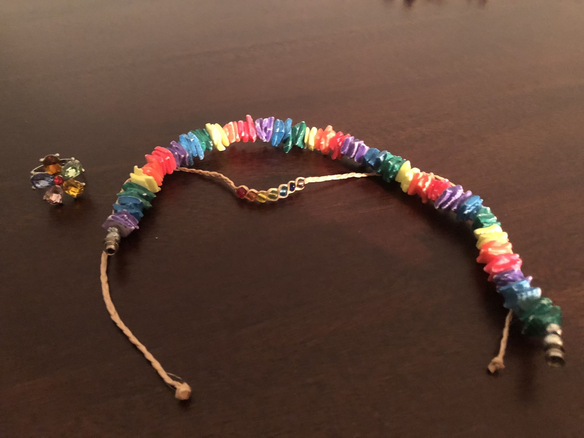 Rainbow Dyed Puka Shell Beaded Necklace Screw Clasp, Rainbow Anklet And Ring