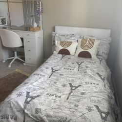 Extra-large twin fabric bed frame, sturdy, modern design, great condition