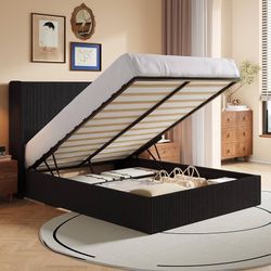 Full Size Lift Up Storage Bed Frame, Modern Upholstered Wingback Headboard, Hydraulic Support & Underneath Storage, Soft Corduroy Fabric Platform Bed,