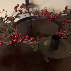 Red Berry Wreath Black Wrought Iron Pedestal Candle Holder