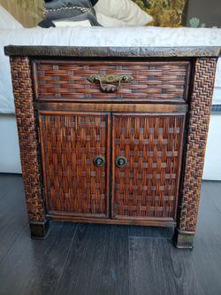 Vintage Bamboo & Woven Rattan Accent Cabinet / Nightstand – Boho Coastal