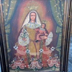 Peruvian Cuzco Spanish Colonial Madonna Child. 44x56” Oil Painting