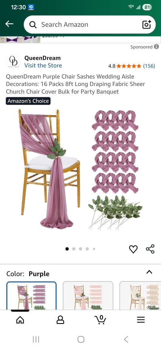 Purple Chair Sashes Wedding Aisle Decorations: 16 Packs 8ft Long Draping Fabric Sheer Church Chair Cover Bulk for Party Banquet