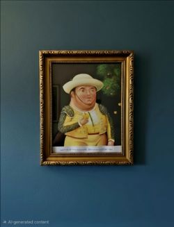 Framed Print Fernando Botero's 1988 Artwork "Juan Rodriguez Conejo" Gold Frame
