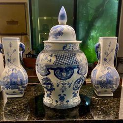  Antique Blue And White Decor 2 Vases 1 Urn W Lid Sold As A Set 