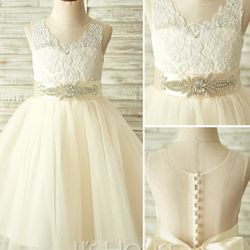 A-Line Knee-length Flower Girl Dress - Tulle/Lace Sleeveless Scoop Neck With Bow, size 6
