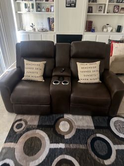 Brown Leather Reclining Loveseat with Console